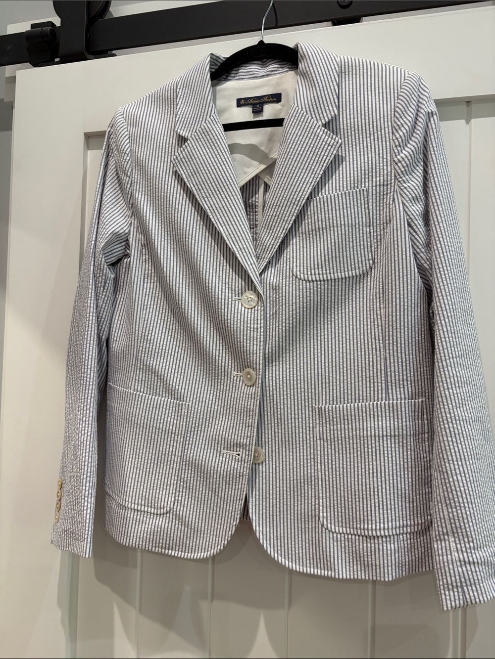 Brooks Brothers Striped Seersucker Blazer in White and Blue, size 10.